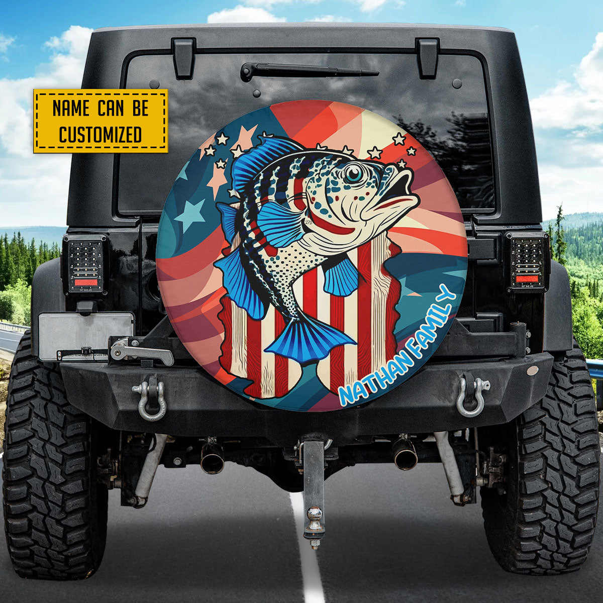 Petthouse | Customized Name Large Mouth Bass Fishing Usa Flag Spare Tire Cover Patriotic Fish Tire Protector Car