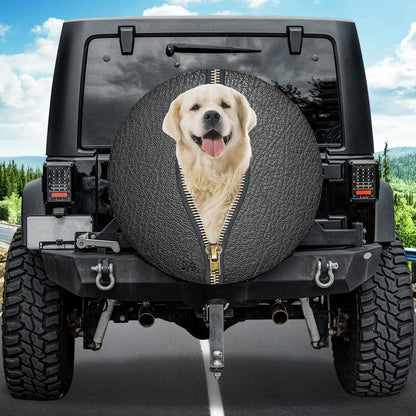 Petthouse | Golden Retriever Black Leather Zipper Spare Tire Cover Dog Cute Spare Wheel Cover Waterproof