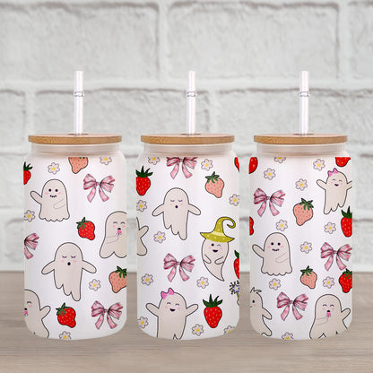 Petthouse | Strawberry Ghosts And Coquette Bows Glass Can, Cute Halloween Glass Can, Strawberry Ghost Cup