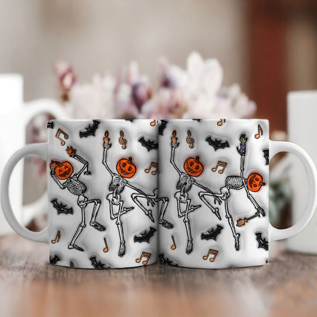 Petthouse | Halloween Skeleton Pumpkin Inflated 3d Mug, Dancing Skeleton Fall Mug, Halloween Coffee