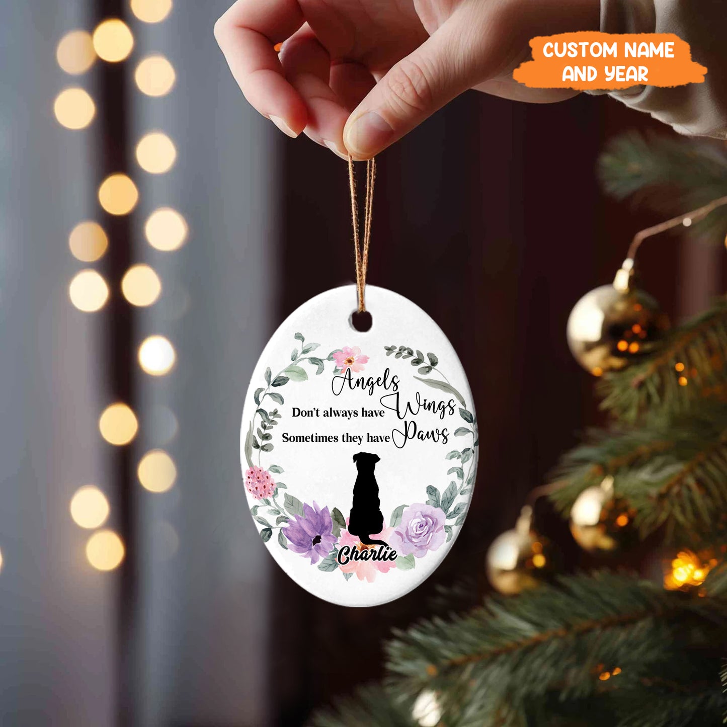 Petthouse | Personalize Dog Ornament, Angel Don't Always Have Wings Some Have Paws, Floral Wreath Dog