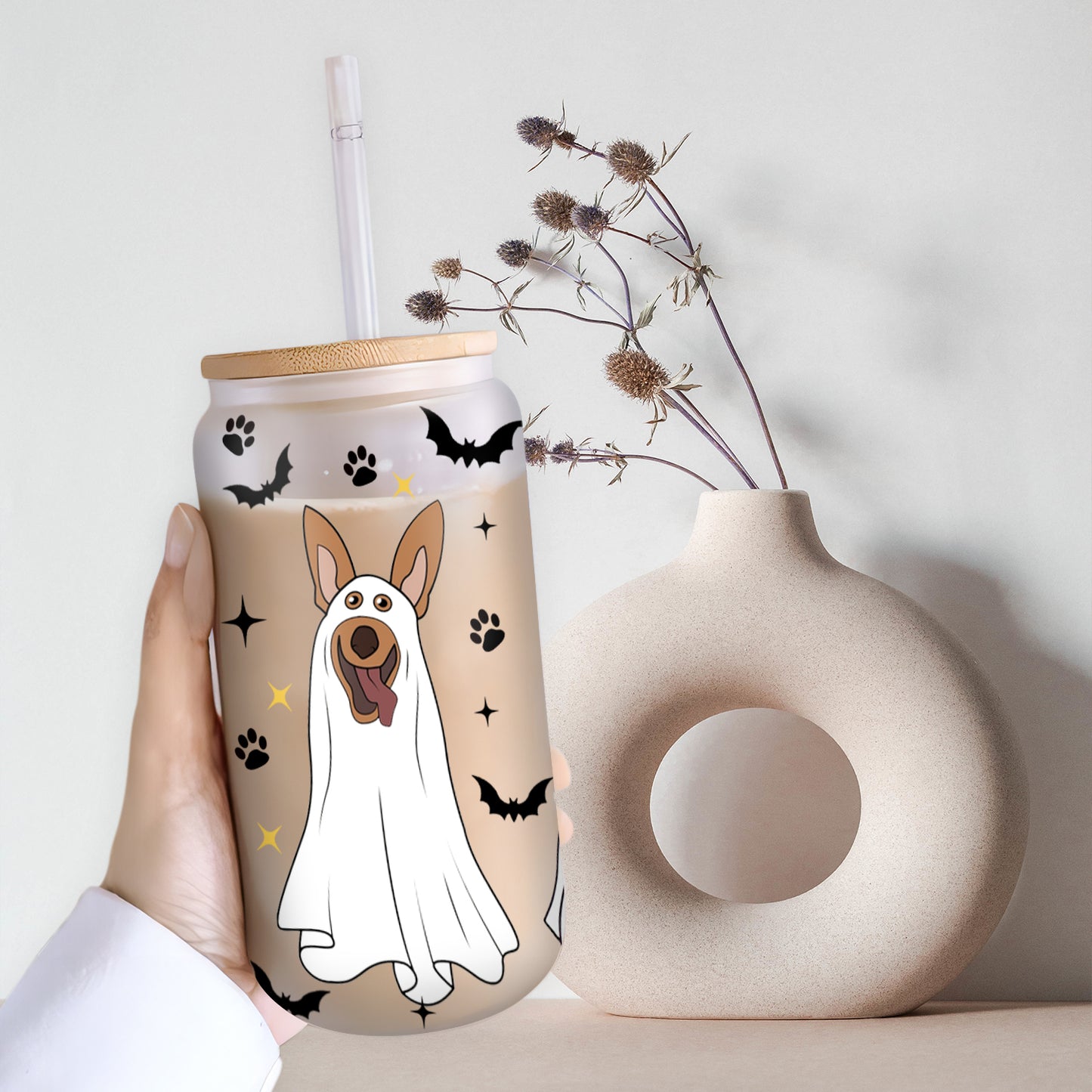 Petthouse | Cute Ghost Dog Coffee Cup, Glass Can Cup With Lid And Straw, Spooky Halloween Dogs Ghost