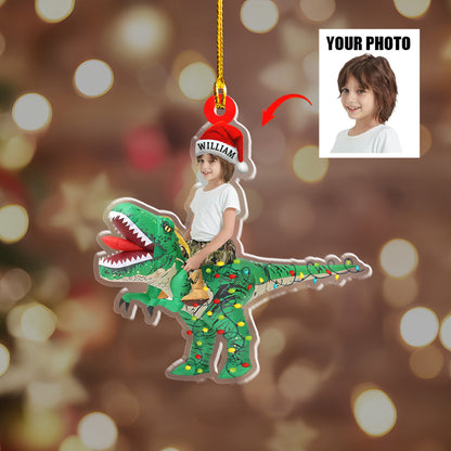 Petthouse | Personalized Baby Photo Name Christmas Ornament, Cute Kid Riding Dinosaur 2d Flat Xmas Ornament