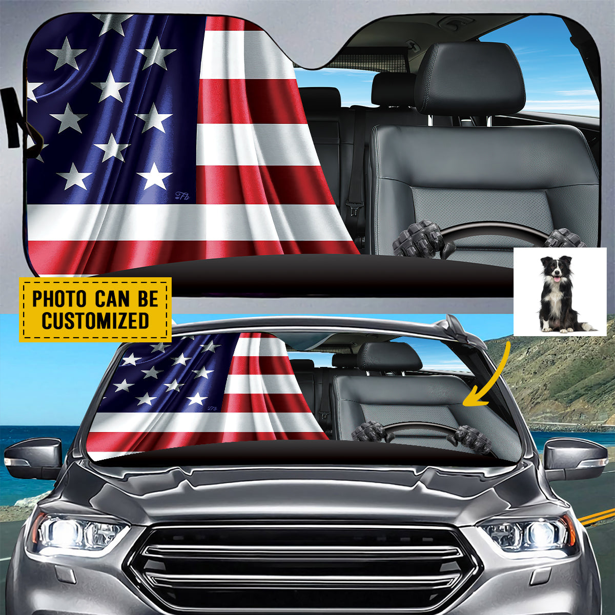 Petthouse | Custom Photo Dog Sunshade American Flag Windshield Sun Shade Border Collie Dog Driver Car