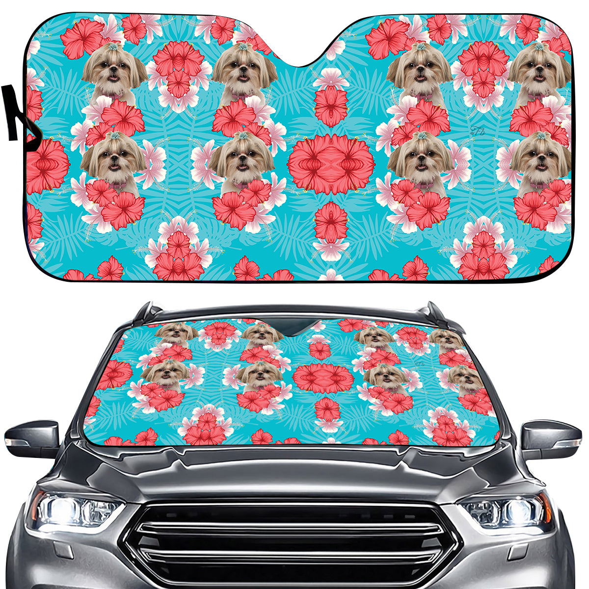 Petthouse | Personalized Dog Sunshade Cute Shih Tzu Hawaii Pattern Car Sun Shade Windshield Sun Visor