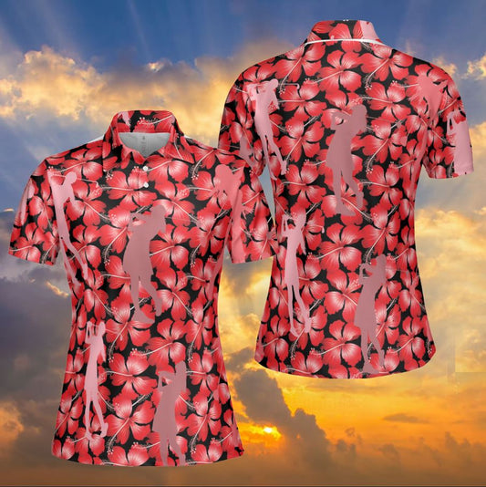 Petthouse | Red Hibiscus Floral Pattern Polo Shirt, Golf Player Women Grandma Mothers Day Golfer Gift