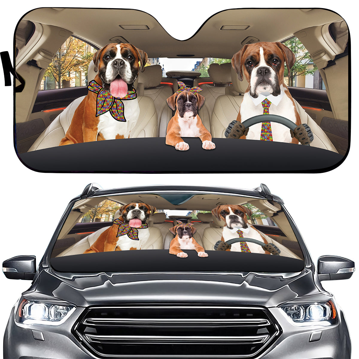 Petthouse | Boxer Dog Sunshade Autism Awareness Car Windshield Dog Family Auto Shade Protectors