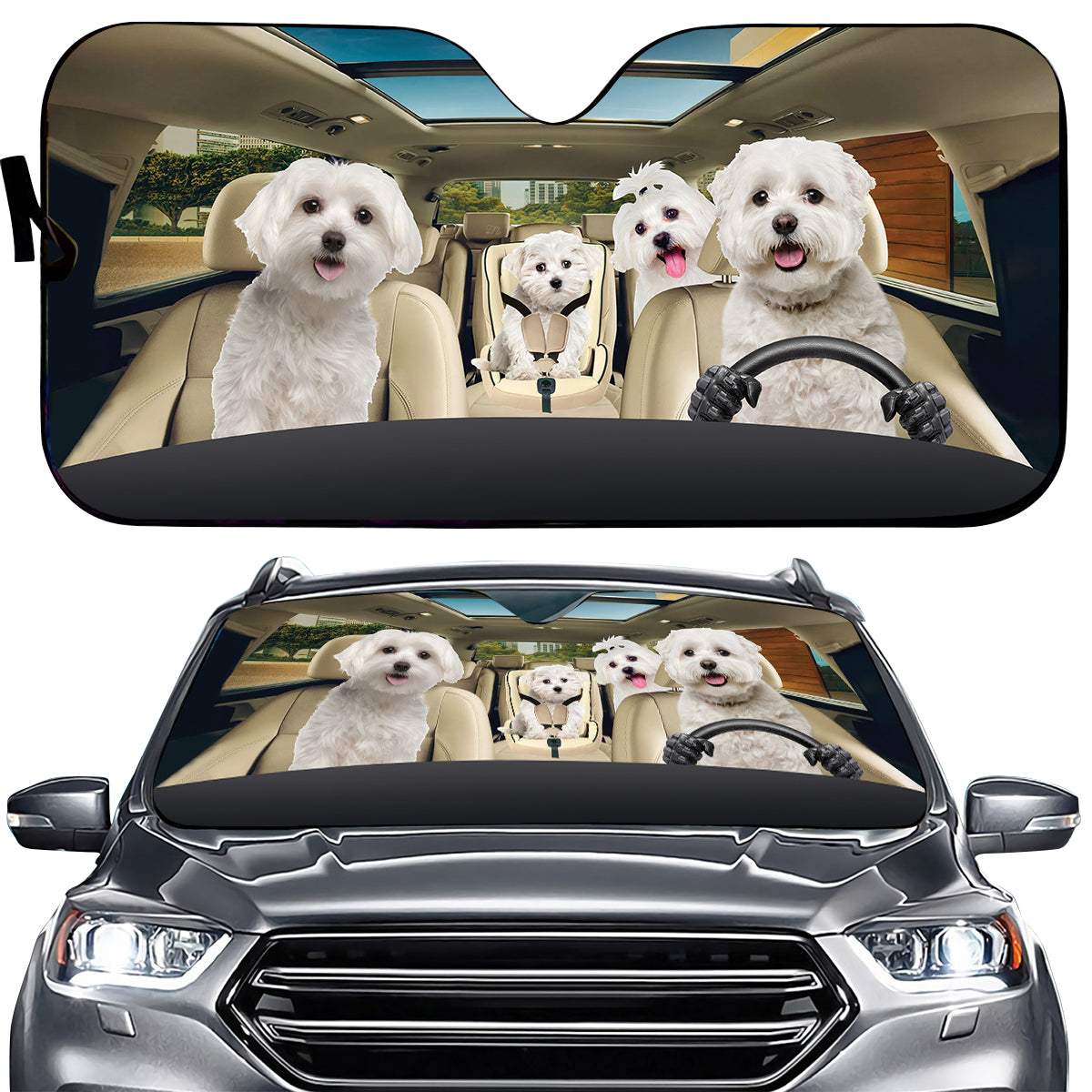 Petthouse | Cute Maltese Dog Sunshade Driving Car Auto Sunshade For Windshield Dog Mom Dog Dad Gifts