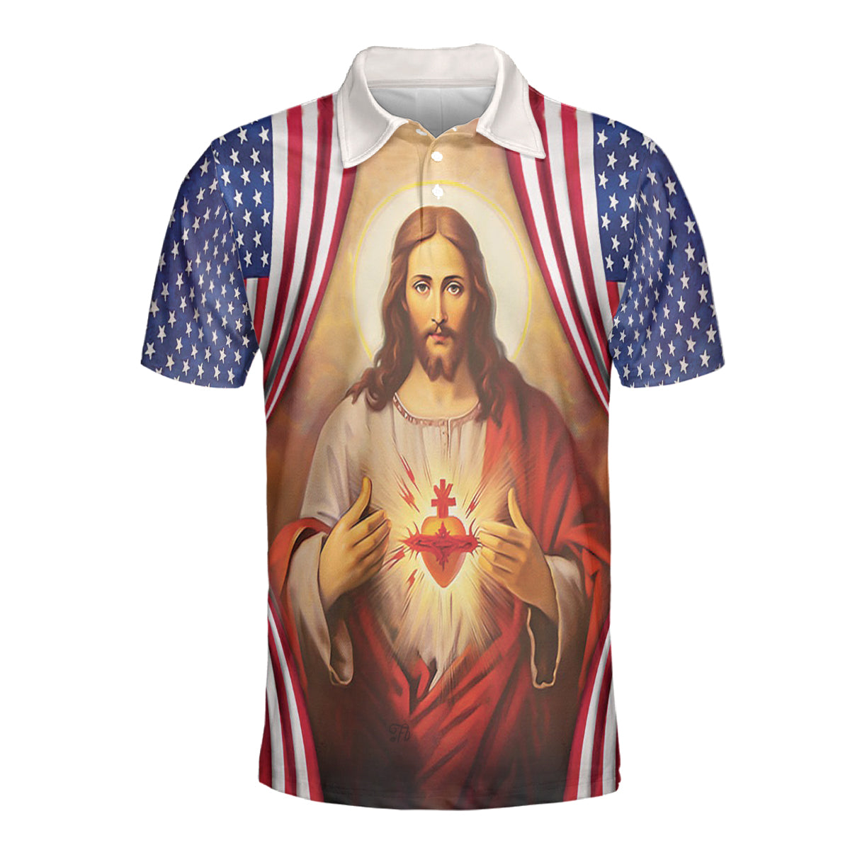 Petthouse | Sacred Heart Jesus American Flag Polo Shirt Jesus Christian Sport Shirt Religious Gift Patriot Gift