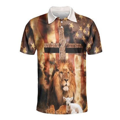 Petthouse | Lion Of Judah Lamb Of God Jesus Christian Polo Shirt God Christ Cross Us Flag Sport Shirt Dad Gift