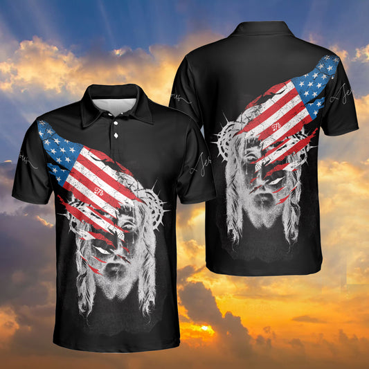 Petthouse | Jesus Polo Shirt Jesus Portrait Polo Shirt Jesus American Flag God Bless America