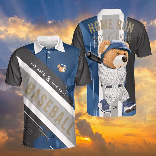 Petthouse | Cute Bear Polo Shirt Hit Hard & Run Fast Polo Shirt Baseball Polo Shirt Baseball Player Gift