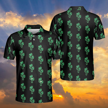 Petthouse | Cactus Pattern Printed Black Polo Shirt, Cactus Green Lovers Golfer Christmas Day Gift