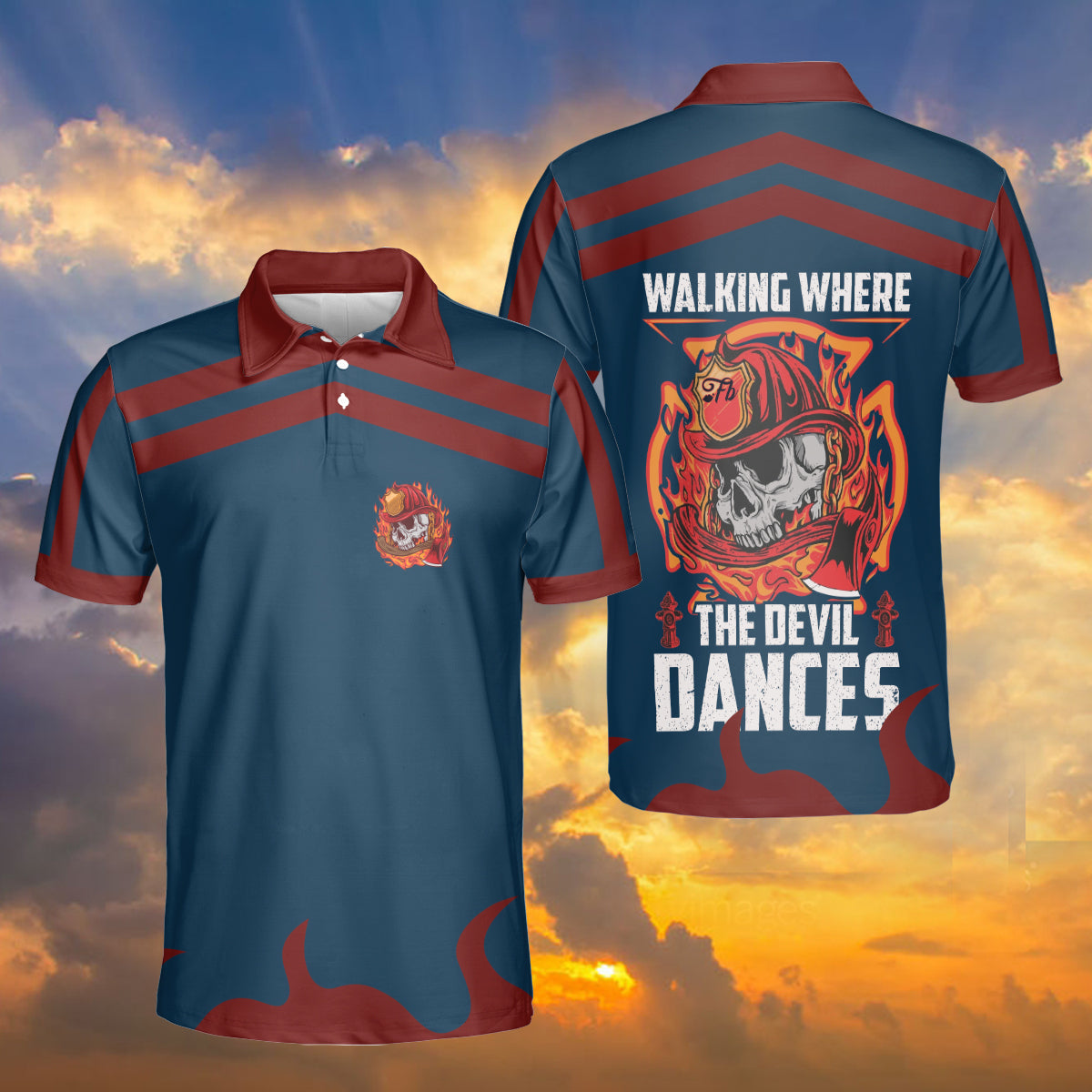 Petthouse | Skull Firefighter Polo Shirt Walking Where The Devil Dance Polo Shirt Fireman Gift