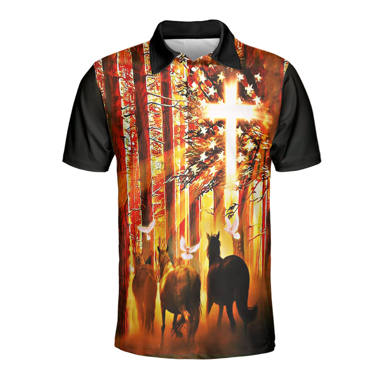 Petthouse | Jesus Christ Dove Horse American Flag Polo God Christian Religion Heaven Sport Shirt Religious Gift