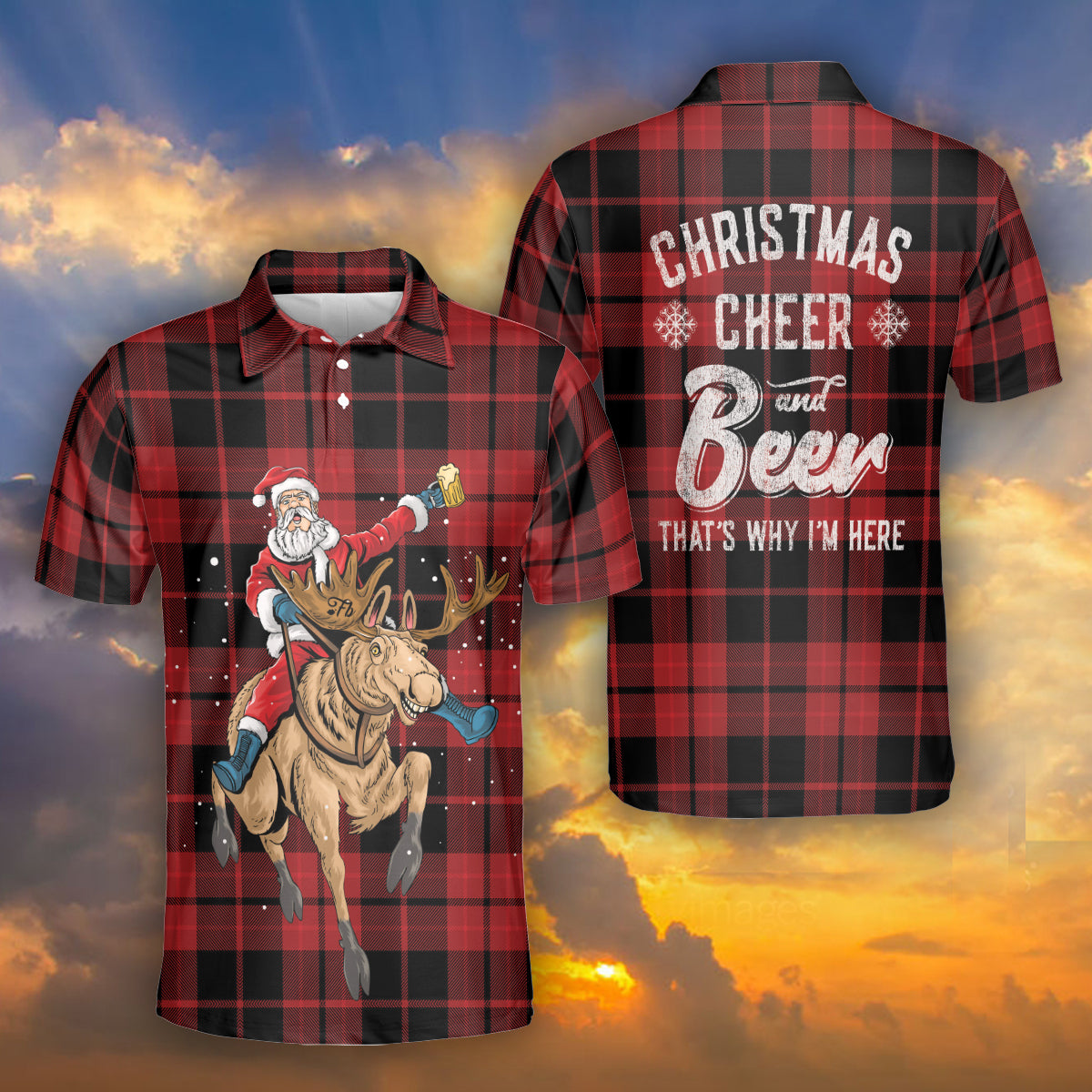 Petthouse | Santa Riding Reindeer Polo Shirt Christmas Cheer And Beer Polo Shirt Tartan Plaid