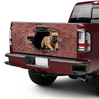 Petthouse | Custom Dog Tailgate Decals French Bulldog Rushing Through Wall Funny Graphic Wraps Stickers