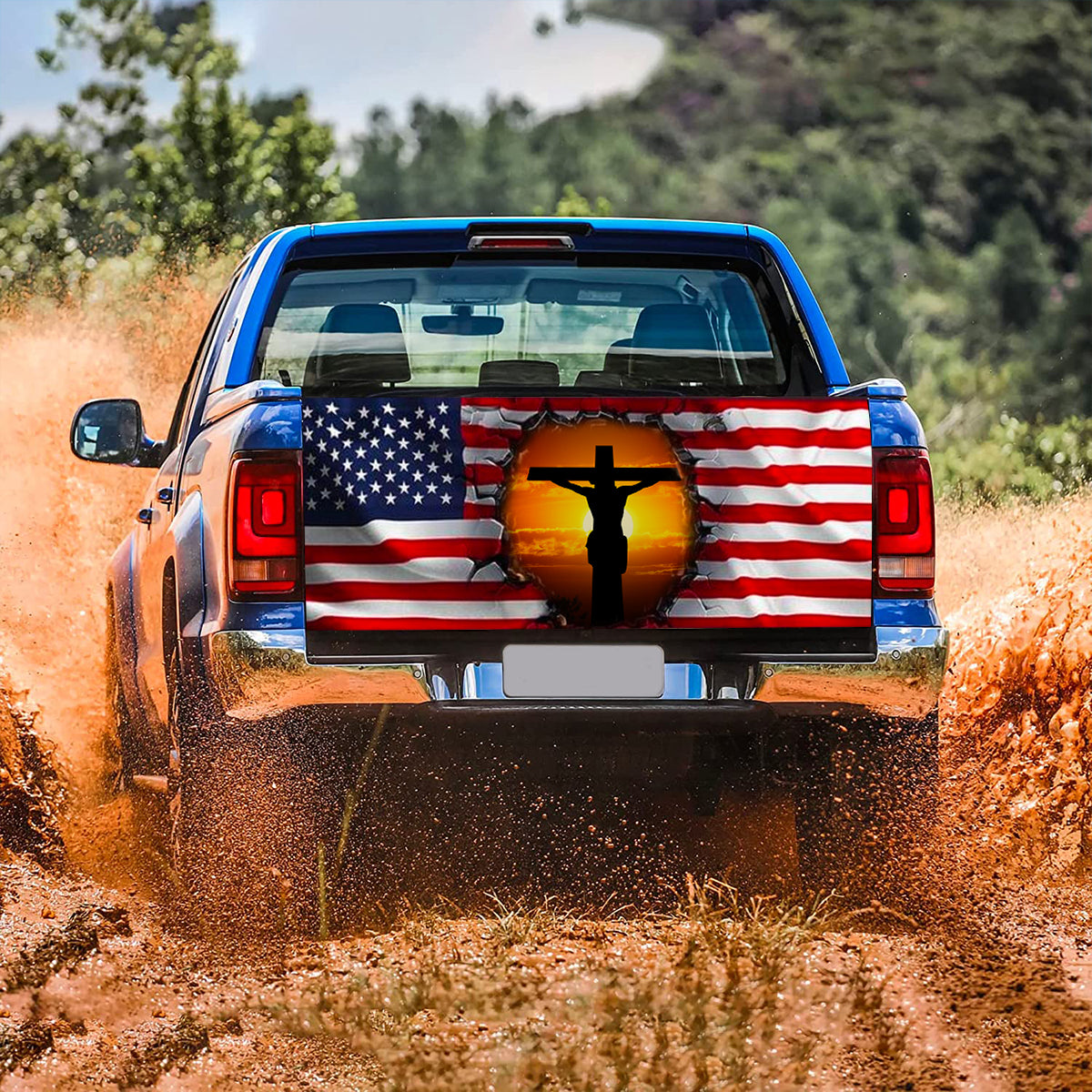 Petthouse | Jesus Sunset Tailgate Wrap, Jesus Crack Hole Usa Flag Tailgate Wrap, One Nation Under God