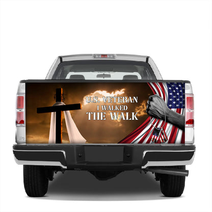 Petthouse | Cross Us Veteran I Walked The Walk Truck Tailgate Wrap Decal Christian Veteran American Flag