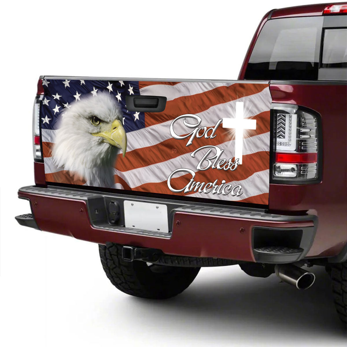 Petthouse | God Bless America Tailgate Wrap Vinyl Graphic Decal Christian Cross American Flag Truck Decoration