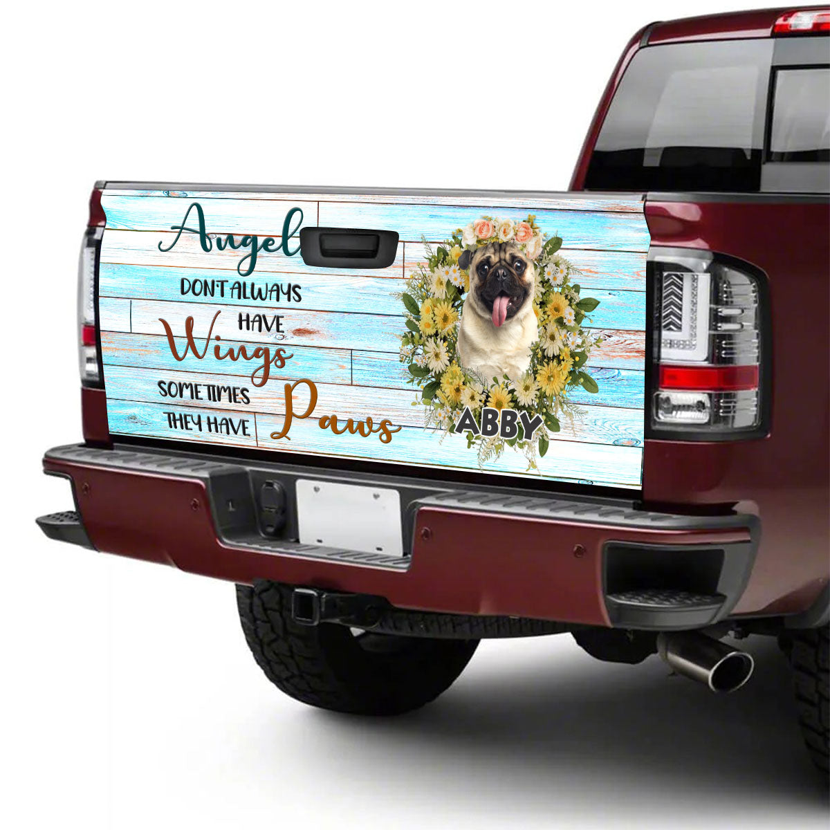 Petthouse | Cute Pug Dog Flower Tailgate Wrap Customized Name Truck Tailgate Decals Car Decorations