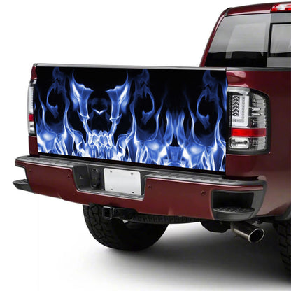 Petthouse | Blue Fire Skull Shape Tailgate Wrap Blue Fire Artwork Cover Car Decoration