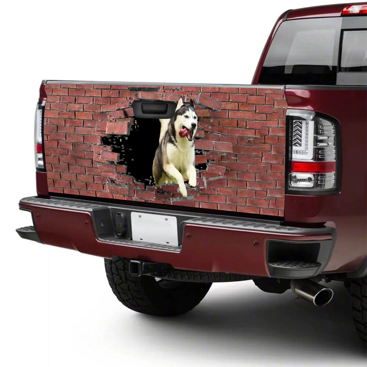 Petthouse | Funny Dog Broken Wall Tailgate Vinyl Graphic Wrap Siberian Husky Rush Through Wall Tailgate Decal