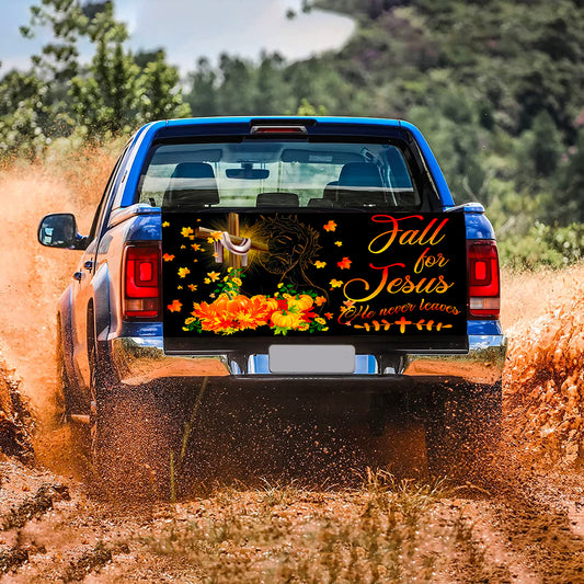 Petthouse | Cross Pumpkin Autumn Fall For Jesus He Never Leaves Truck Tailgate Decal Jesus Christian Religious