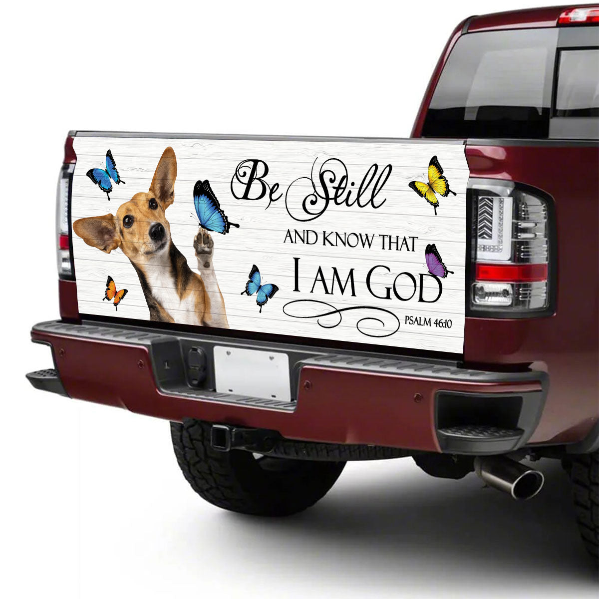 Petthouse | Chihuahua Play With Butterflies Tailgate Mural Be Still And Know That I Am God Tailgate Sticker