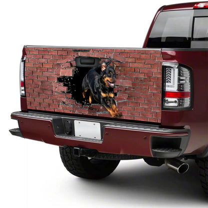 Petthouse | Rottweiler Tailgate Mural Dog Running Out Brick Tailgate Wraps For Trucks Fun Car Accessories