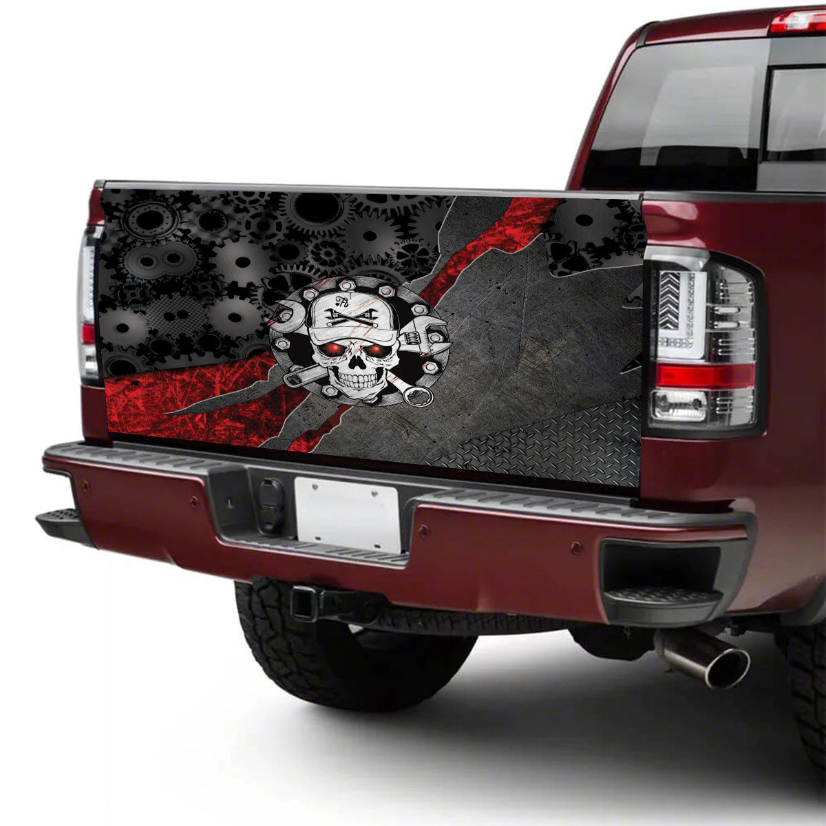 Petthouse | Skull Engineer Tailgate Wrap Gear Pattern Tailgate Wrap Metal Plate Pattern Tailgate Wrap Car Decor