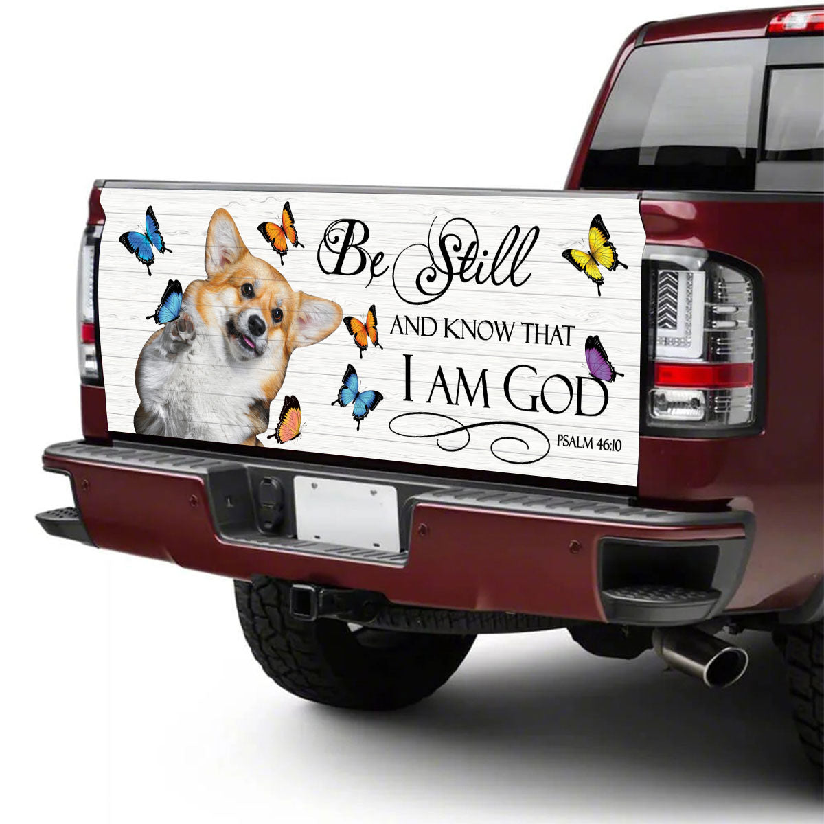 Petthouse | Cute Corgi Play With Butterflies Truck Tailgate Wrap God Bible Verse Truck Wraps Christian