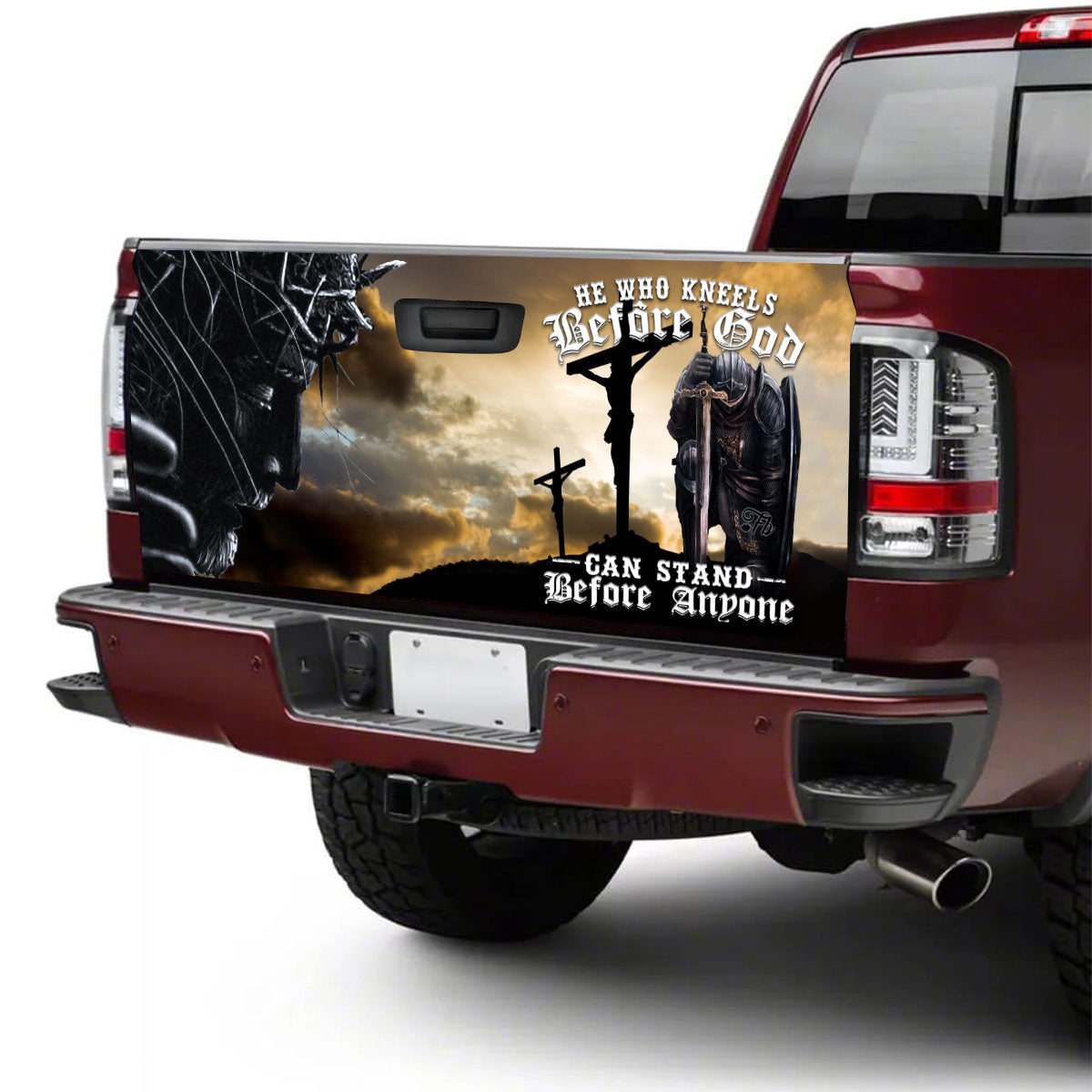 Petthouse | Warrior Christian Tailgate Wrap, He Who Kneels Before God Can Stand Before Anyone