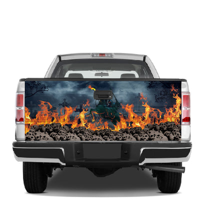 Petthouse | Fire Skull Grim Printed Tailgate Wrap, Halloween Lovers Truck Decor, Skeleton Lovers