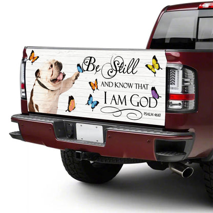 Petthouse | English Bulldog Tailgate Vinyl Graphic Wrap Dog Play With Butterflies Truck Wraps God Bible