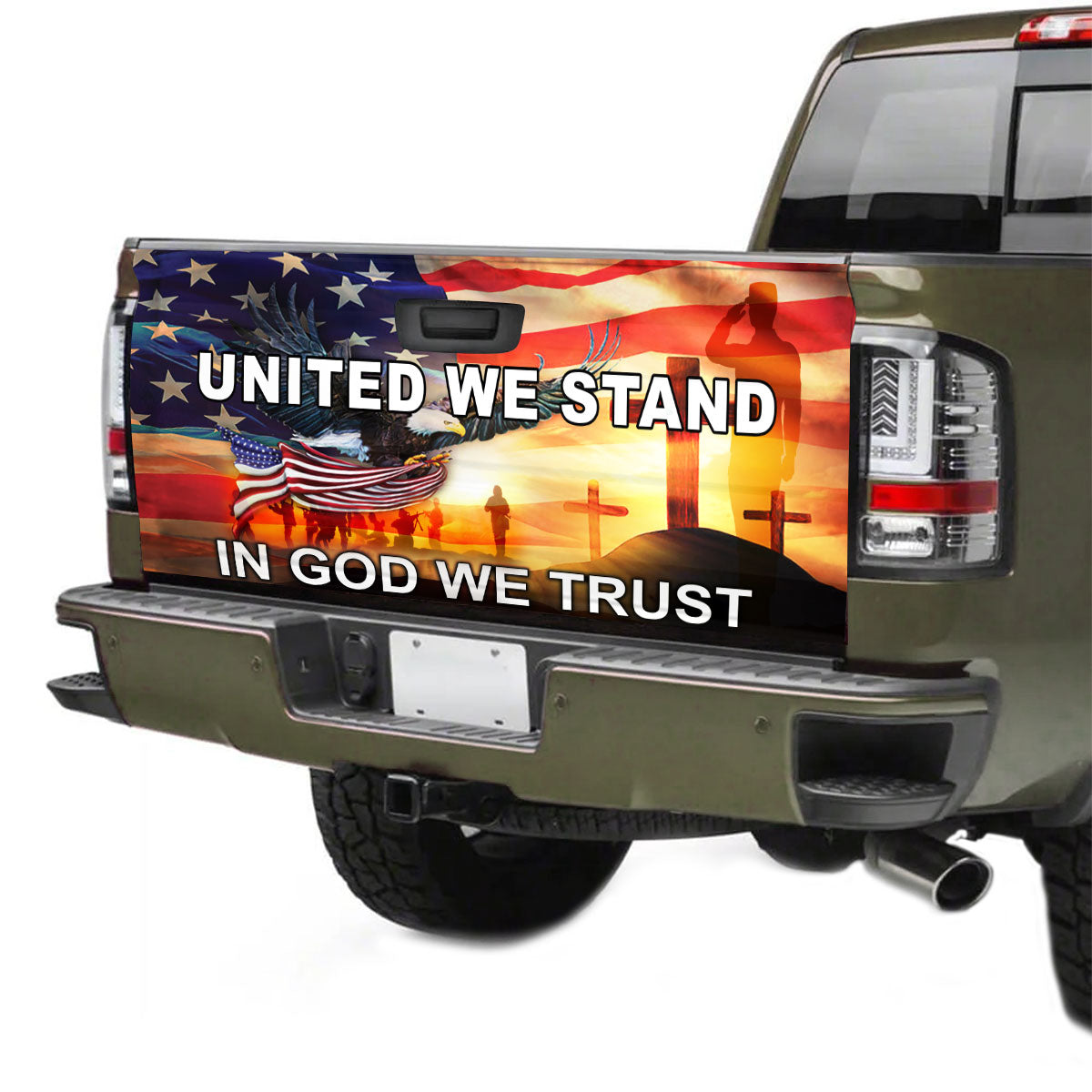 Petthouse | United We Stand In God We Trust Quote Solider Tailgate Wrap Decal Truck Decal Stickers Gift Idea