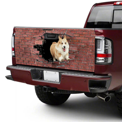 Petthouse | Corgi Rush Over The Wall Broken Funny Tailgate Wrap Vinyl Graphic Decal Sticker Truck Decal Vinyl