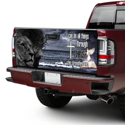 Petthouse | Jesus And Lion Tailgate Wrap, I Can Do All Things Through Christ Tailgate Wrap, Christian Gift