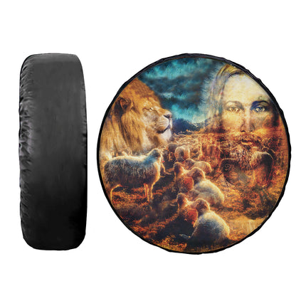 Petthouse | Jesus The Good Shepherd Tire Cover, Jesus And Lambs And Lion, God Power Lion Tire Cover