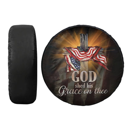 Petthouse | Cross American Flag Spare Tire Cover God Shed His Grace On Thee Wheel Cover Waterproof