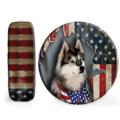 Petthouse | Husky Spare Tire Cover Husky Blue Eyed Cover American Flag Tire Wrap Car Decoration