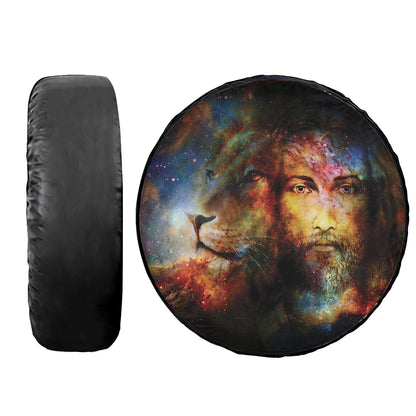 Petthouse | Painting Jesus With Lion In Space Tire Cover, Eye Contact Lion Portrait Wrap, Jesus Gift