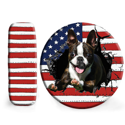 Petthouse | Boston Terrier Spare Tire Cover American Flag Spare Wheel Cover Crack Hole Print Fun Car Accessory