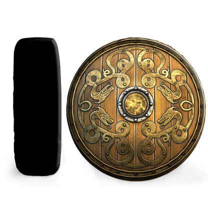 Petthouse | Viking Dragon Gold Shield Spare Tire Cover Old Wooden Viking Shield Sigurd Snake Viking Pattern