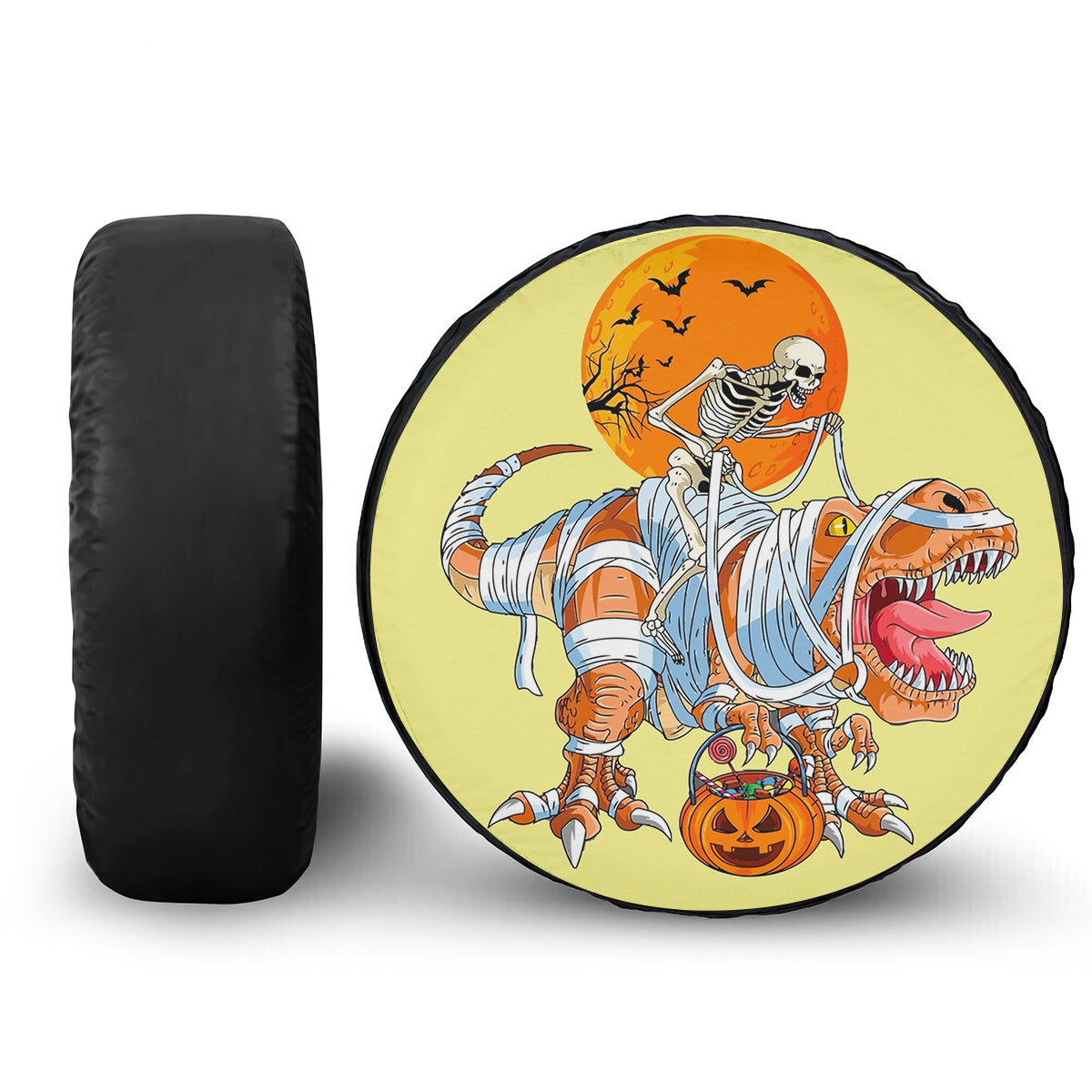 Petthouse | Skeleton Pumpkin T Rex Halloween Spare Tire Cover, Holiday Truck Decor Dinosaurs Lovers