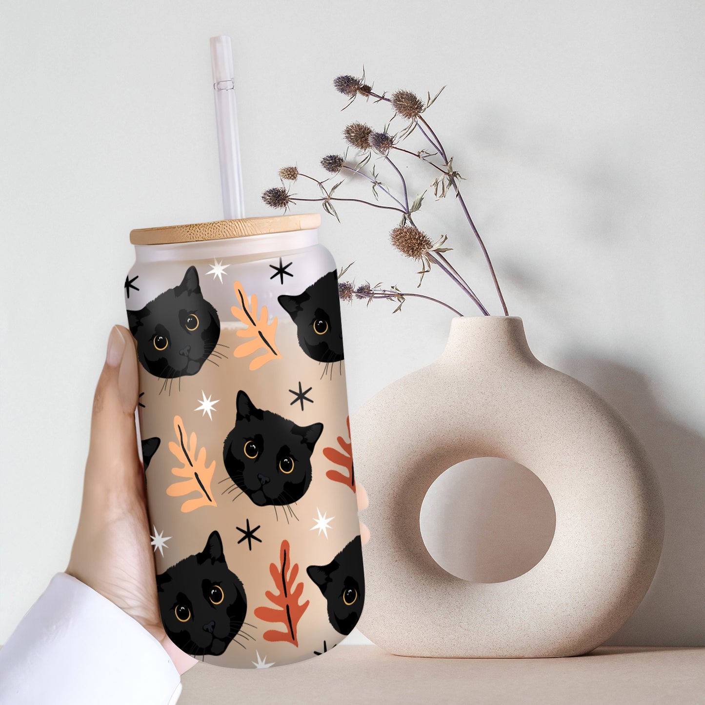 Petthouse | Black Cat Fall Glass Can, Black Cat Halloween Glass, Black Cat Coffee Glass, Viral Coffee