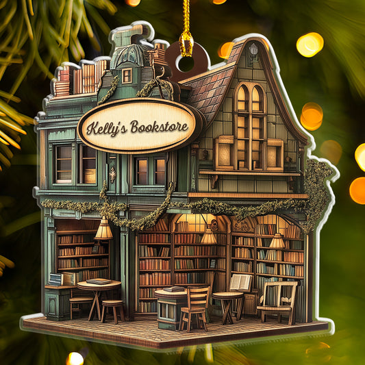 Petthouse | Personalized Book Lover 2d Flat Ornament, Custom Name, Bookworm Christmas Gift, Vintage Bookstore