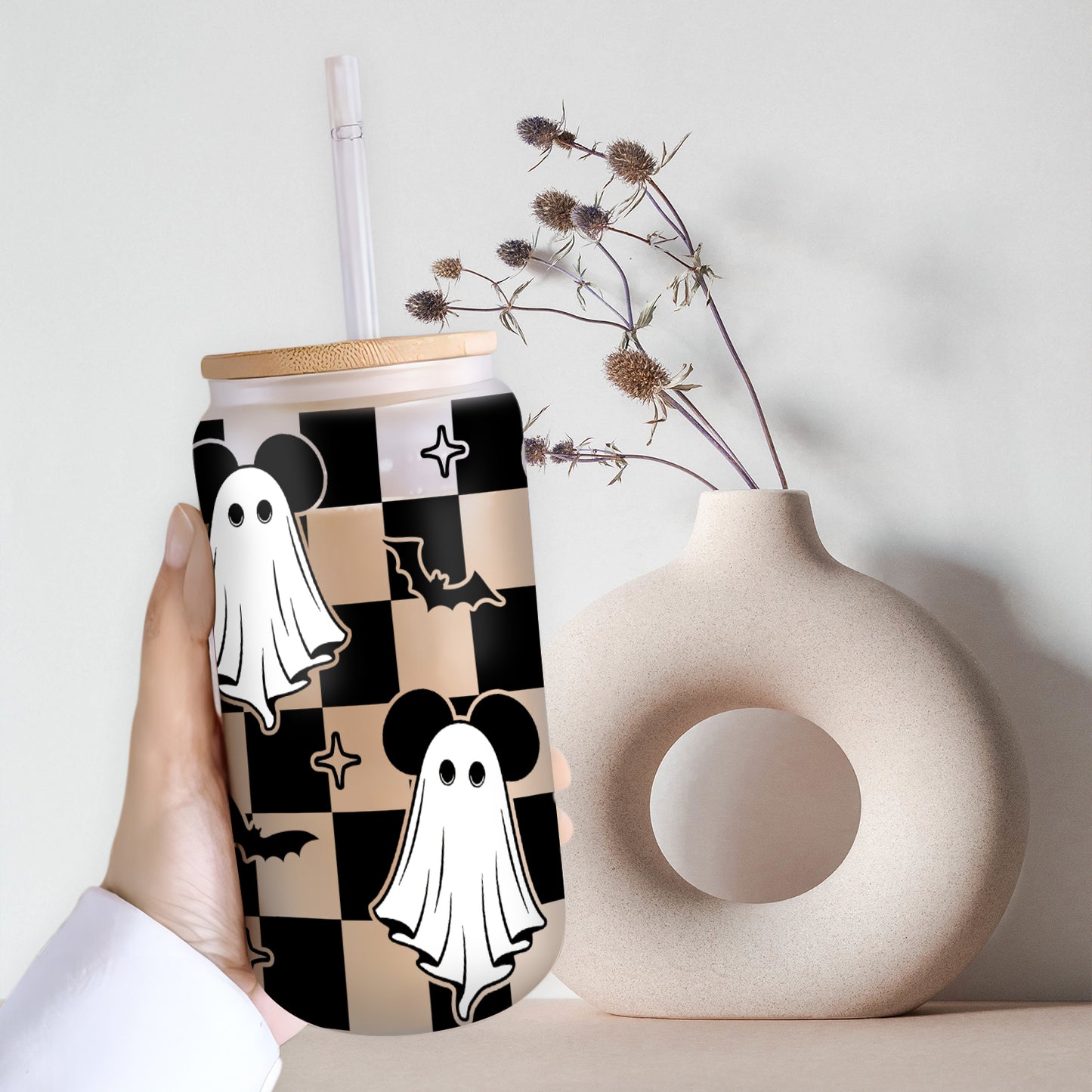 Petthouse | Ghost Mouse Halloween Glass Can, Halloween Mouse Glass Can Wrap, Checkered Ghost, Checkerboard