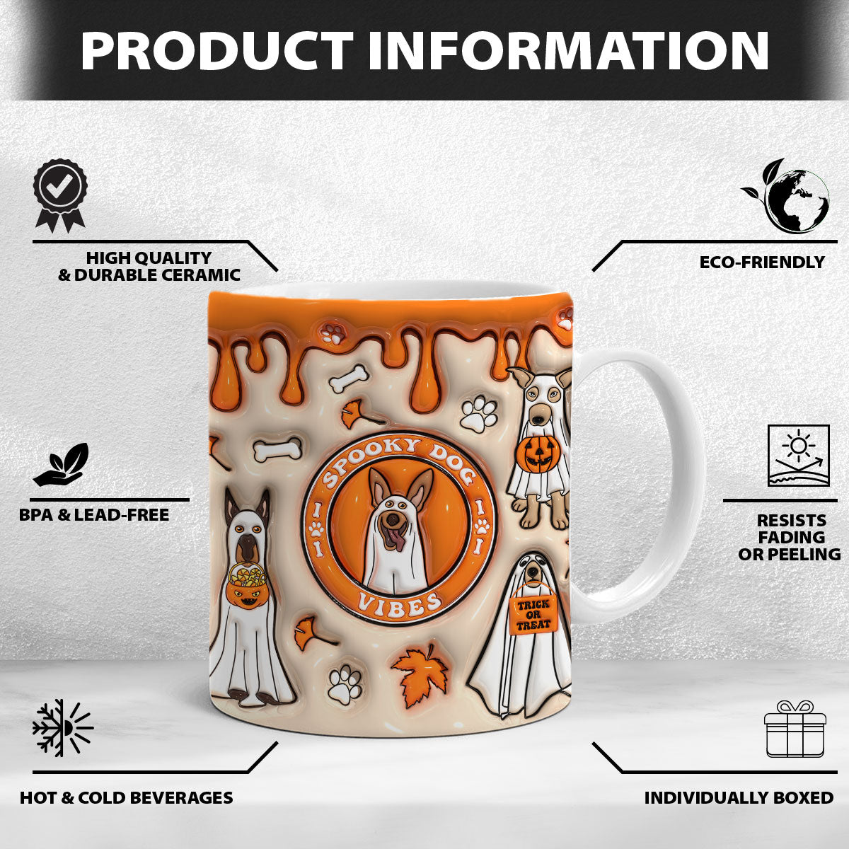 Petthouse | Spooky Dog Vibes Ceramic Mug, Spooky Season 3d Inflated Effect Printed Mug, Cute Dog Ghost