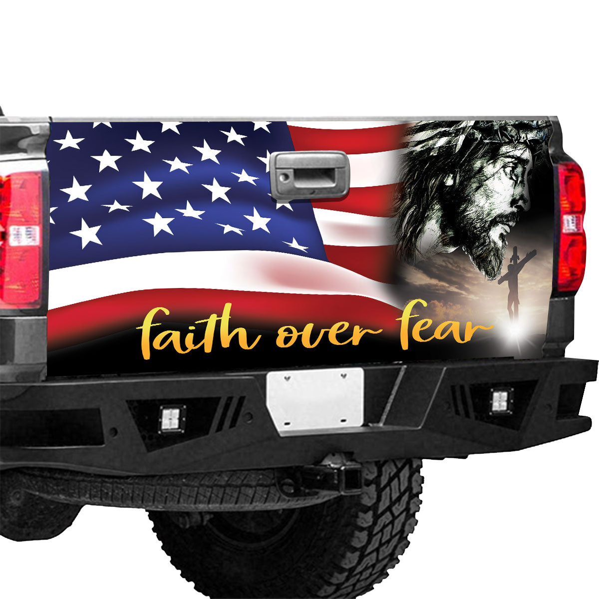 Petthouse | Faith Over Fear Tailgate Wrap American Flag Tailgate Vinyl American Religious Tailgate Sticker